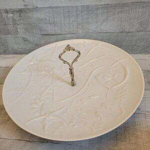 Vintage Ceramic Two-Tier Serving Plate With Ornate Metal Handle
